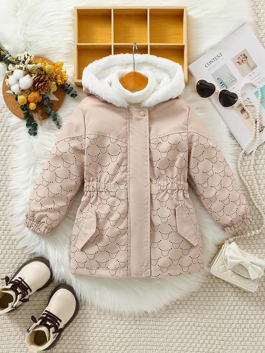 Young Girl Spring Autumn Winter Woven Long Sleeve Fashion Zip-Up Bear Digital Print Hooded Fleece Jacket, Suitable For Formal Occasions, Elegant Hooded Fleece Jacket