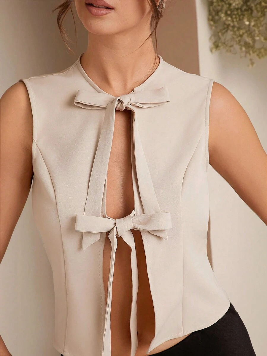 L'Amorae Top casual de cuello redondo y sin mangas de unicolor, todo a conjunto