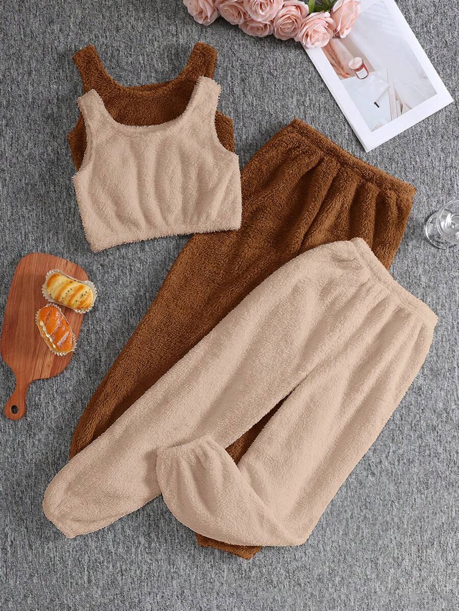 SHEIN 4pcs Tween Girl Minimalist Cozy Short Cropped Vest And Drawstring Ankle Pants Fleece Homewear Set, Autumn/Winter