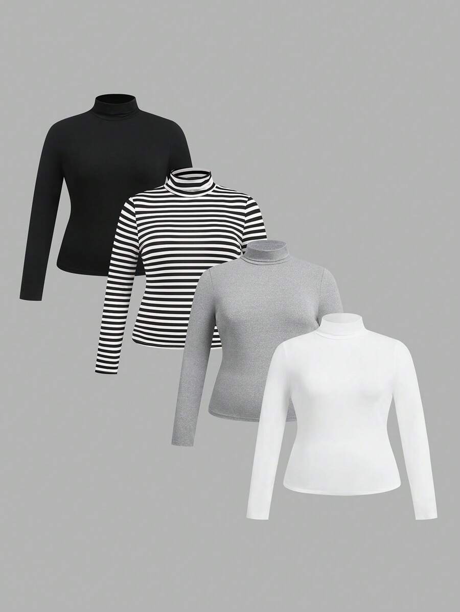 SHEIN Essnce 4pcs/Set Women Plus Size Casual Striped Turtleneck Fitted Pullover Tops, Autumn/Winter