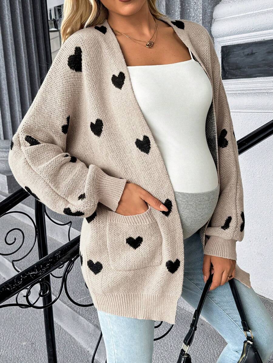 SHEIN Maternity Heart Pattern Drop Shoulder Long Sleeve Pocket Open Front Casual Knit Cardigan, Autumn/Winter