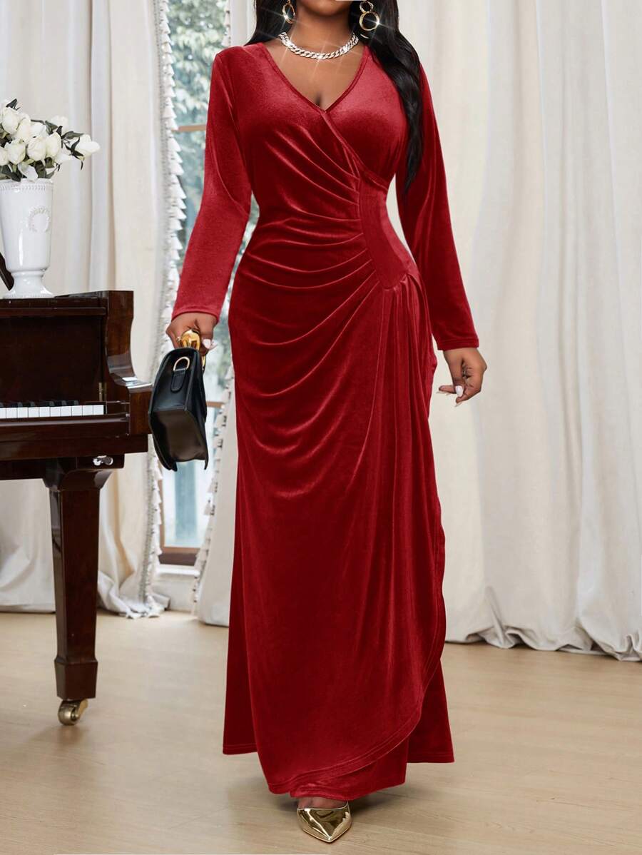 SHEIN Lady Autumn And Winter Elegant Party Navy Blue Knitted Velvet V Neck Wrap Draped Long Long Sleeve Plus Size Dresses