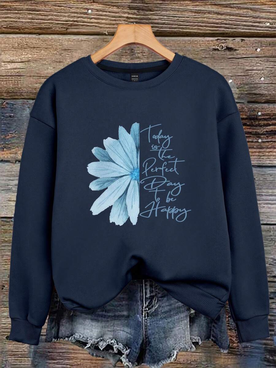 SHEIN LUNE Sweat-shirt femme, doublé chaud avec imprimé floral et slogan, pull-over à manches longues