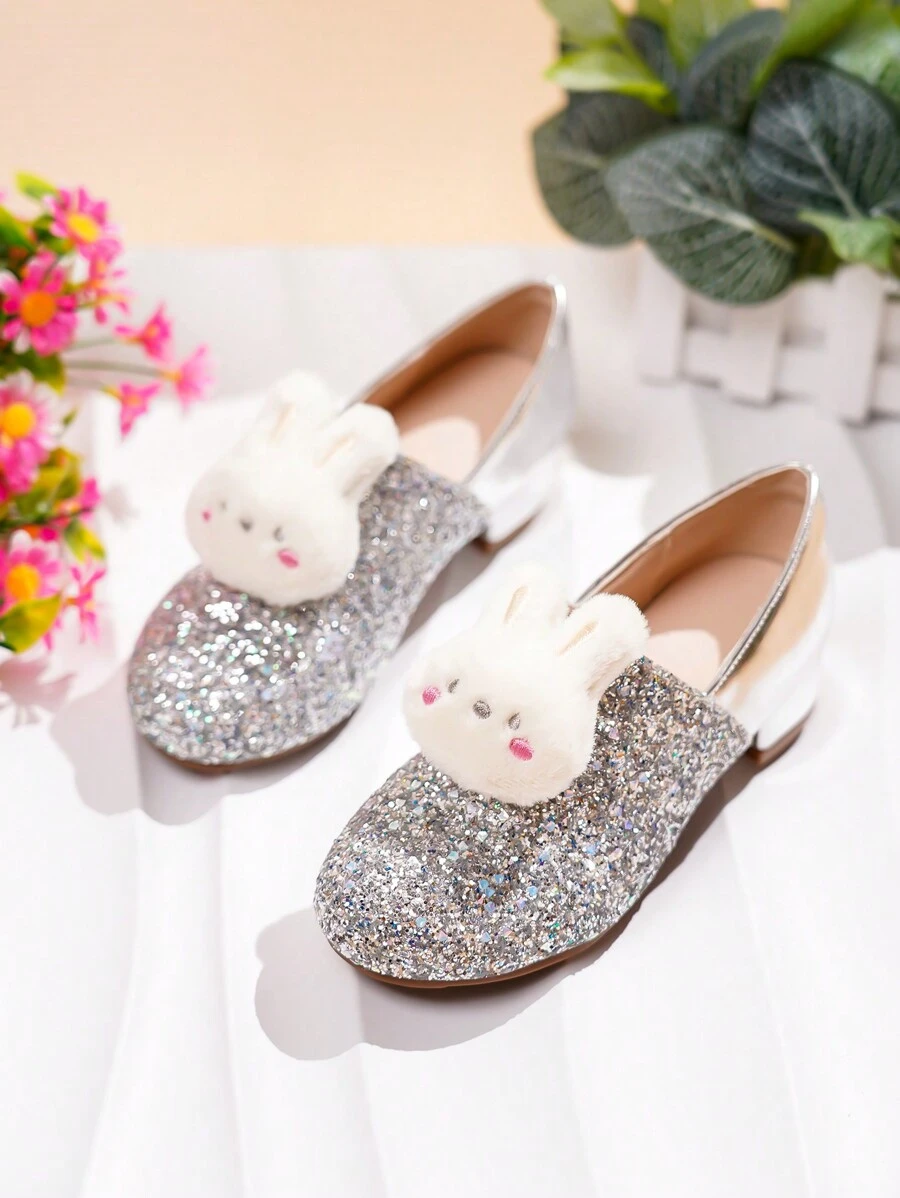 Fashionable Casual Glitter Bunny Head Breathable Low Heel Children Shoes For Girls