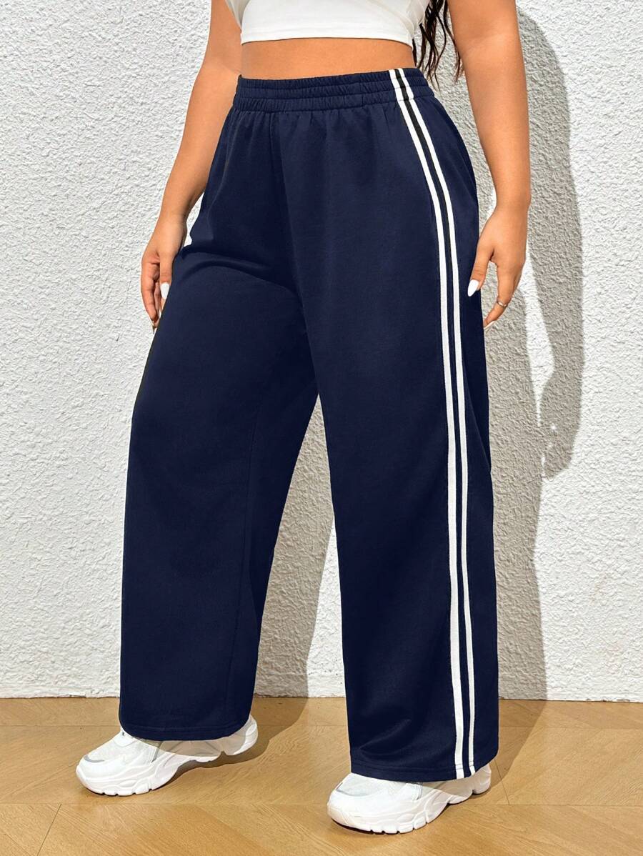 SHEIN EZwear Plus Size Mulheres Cintura Elástica Casual Lateral Listrado Perna Larga Calças de Moletom Soltas