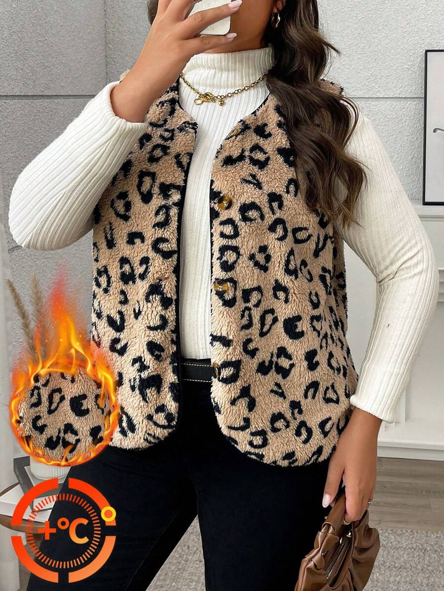 Calvaya Plus Size Casual Leopard Print Front Button Sleeveless Jacket For Autumn