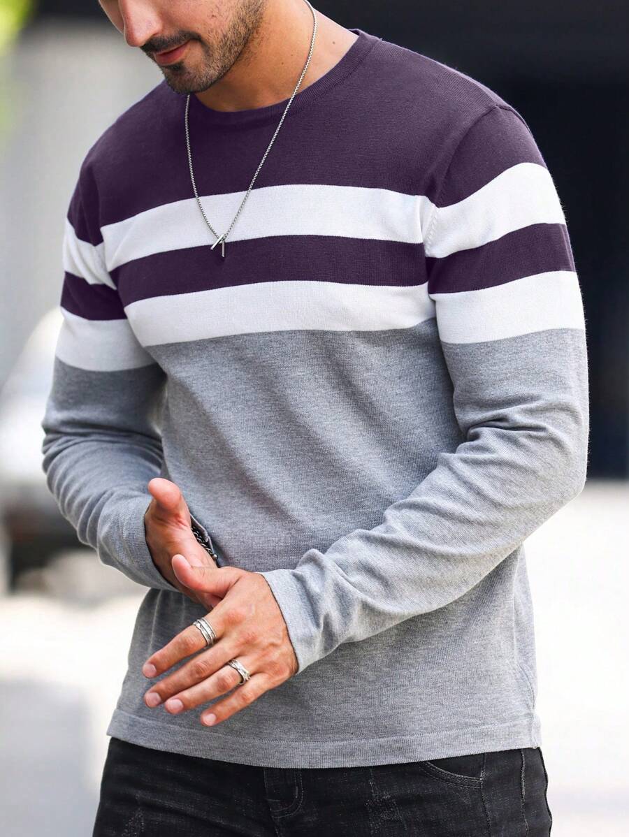 Manfinity Homme Men's Autumn/Winter Casual Colorblock Striped Sweater