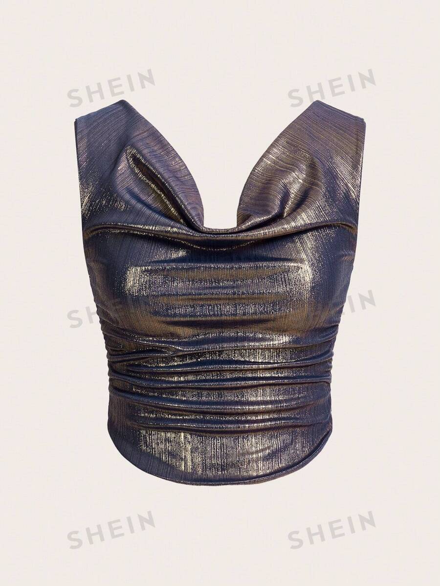 SHEIN ICON Top corto ajustado de unicolor y sexy con dobladillo asimétrico plisado