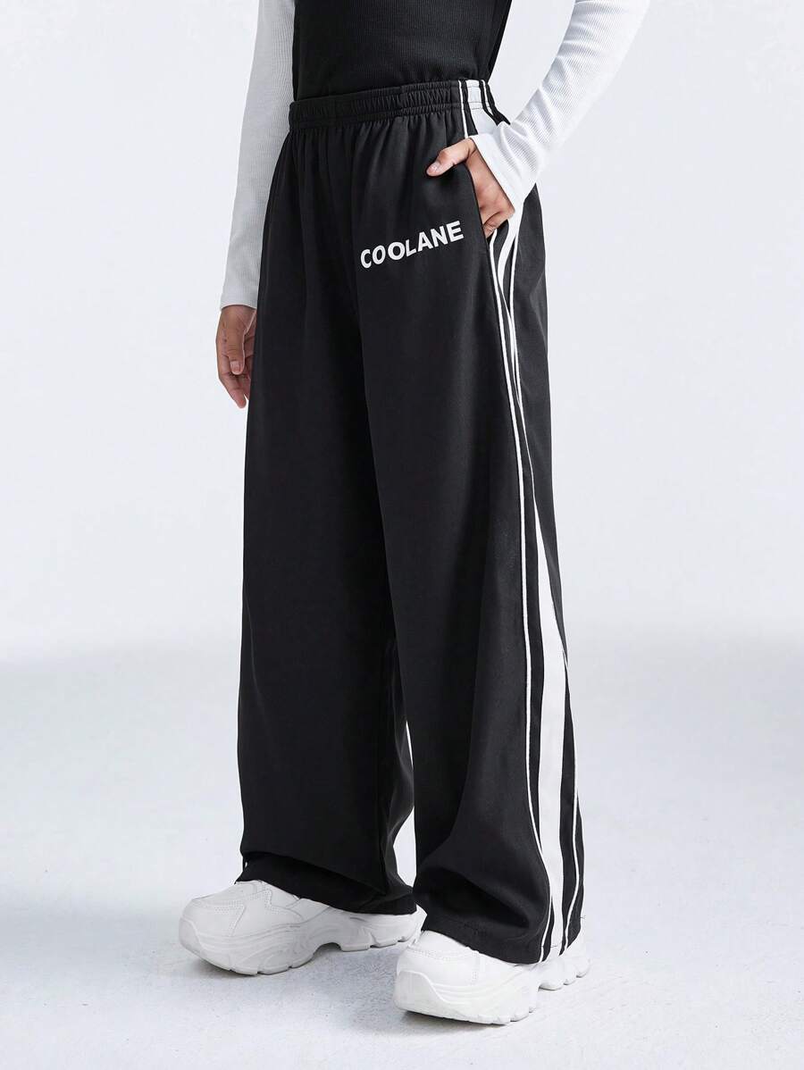 SHEIN Tween Boys Letter Print Pockets Side Stripe Wide Leg Loose Casual Pants