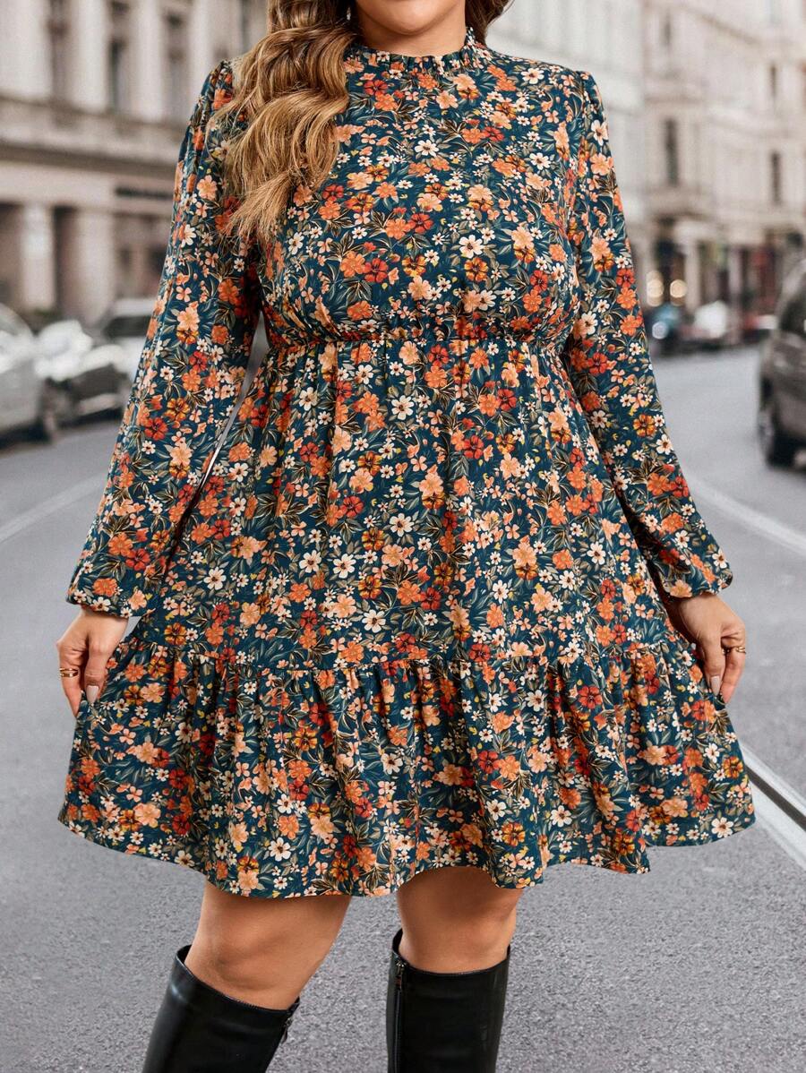 SHEIN Clasi Vestido largo con cintura estampado de flores pequeñas, talla grande, otoño/invierno