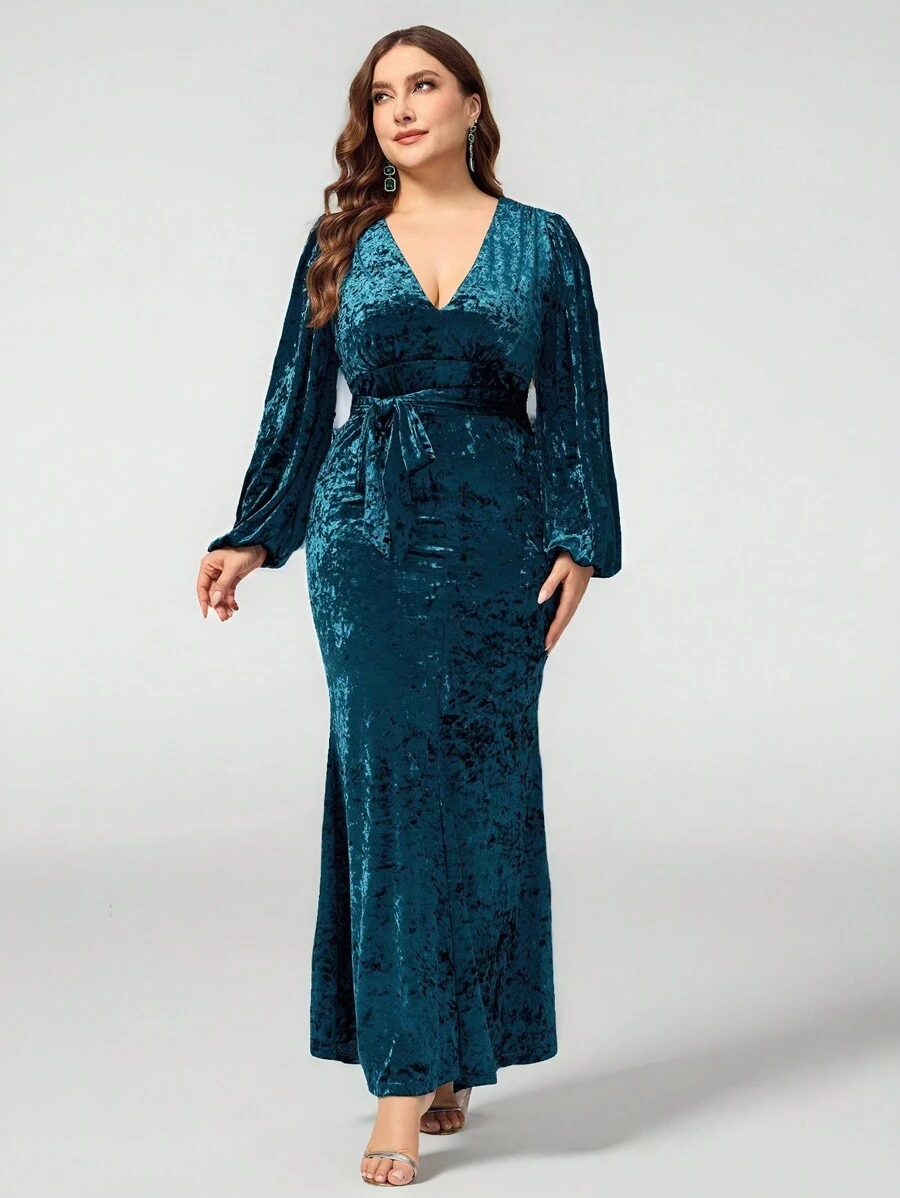 SHEIN Belle Velvet Plus Size Christmas V-Neck Cinched Waist Velvet Lantern Sleeve Dress, Elegant For Autumn/Winter High-Quality Sequin V-Neck Long Sleeve Slit Sleeve Fitted Plus Size Mother Of The Bride Formal Evening Gown Dress (Deluxe Edition), Prom Dress, For Wedding Guest, Graduation, Dinner