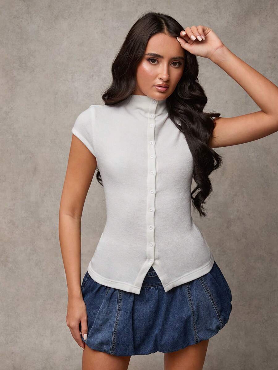 SHEIN BAE Women's Fall Women Outfits Solid Color Mock Neck Top Capped Sleeve Single-Breasted Casual Women Tops,Button Up Women Jersey Shirt