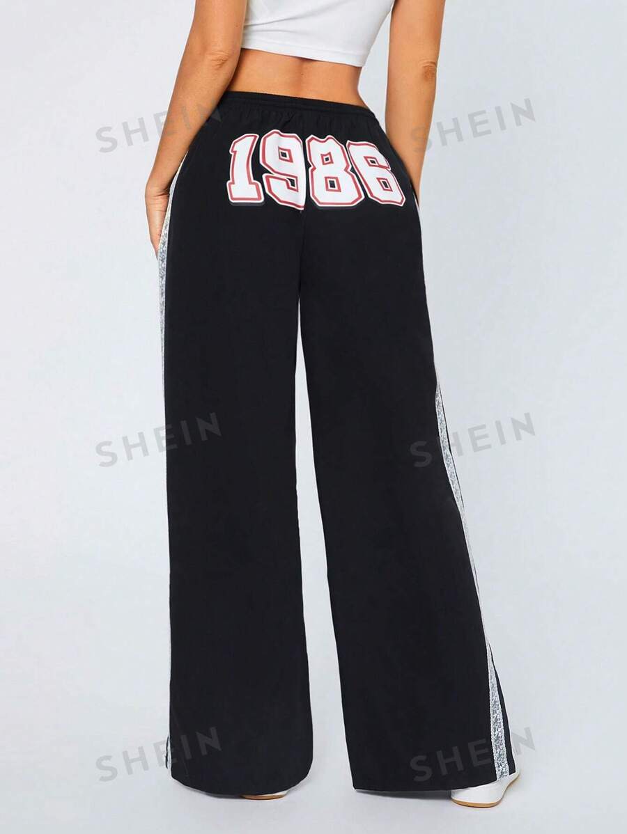 SHEIN SXY Pantalones casuales de mujer con abertura, impresión digital blanca y encaje en la espalda, para actividades deportivas de ocio diarias