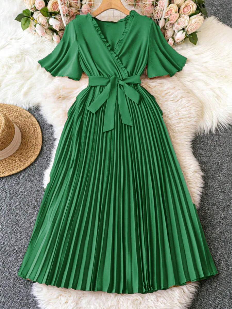 SHEIN Clasi Minimalist Solid Color Ruched Hem Short Sleeve Casual Dress Maxi Women Outfit