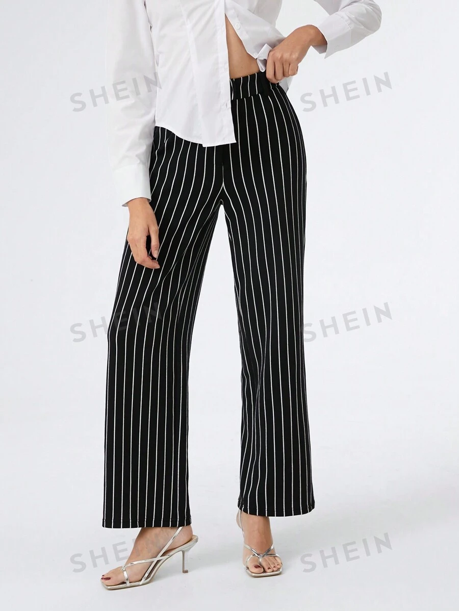 SHEIN EZwear Pantalones casuales rectos y holgados de punto con rayas negras para mujer