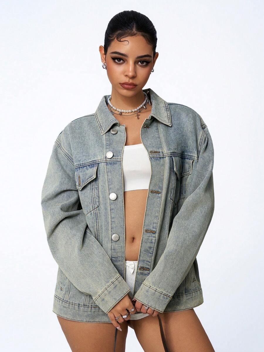SHEIN ICON Chaqueta vaquera de manga larga con bolsillo y botones delanteros, de estilo sencillo y casual para mujer