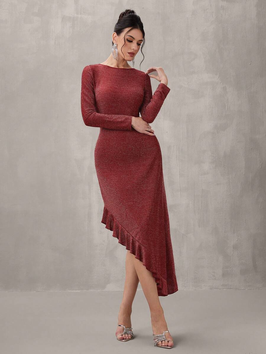 SHEIN Belle Women's Round Neck Long Sleeve Ruffle Sequin Patchwork Gown For Party/Banquet, Fashion Autumn And Winter Banquet Party Festival Princess Socialite Elegant Internet Celebrity Popular Dress, Daily Wear Elastic Gold Thread Fabric Dress, Formal Dinner Ball Dress, Christmas, New Year's Eve Can Be Worn For New Year, Wedding Guest Dress