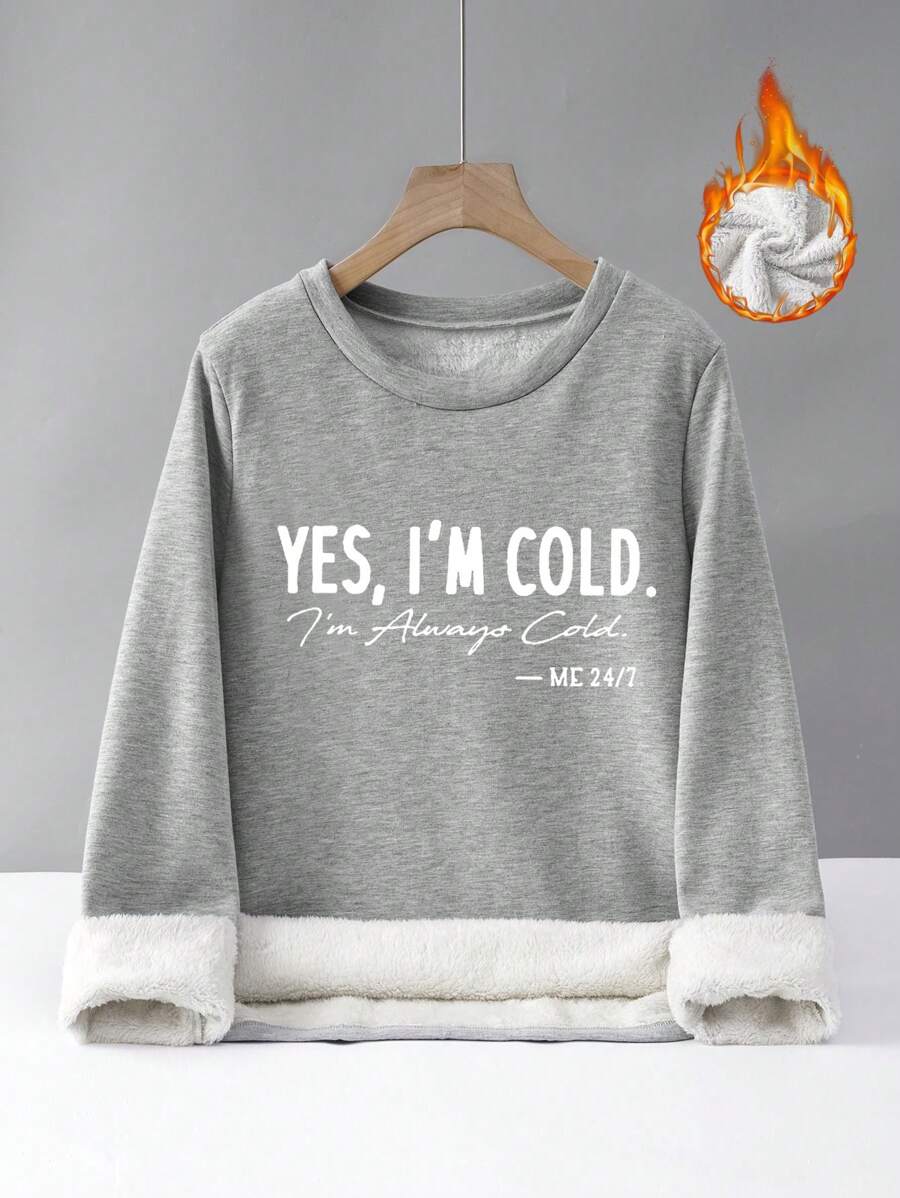 SHEIN LUNE Women English Letter Print Round Neck Long Sleeve Thermal Lined Long Length Casual Sweatshirt, Autumn Winter