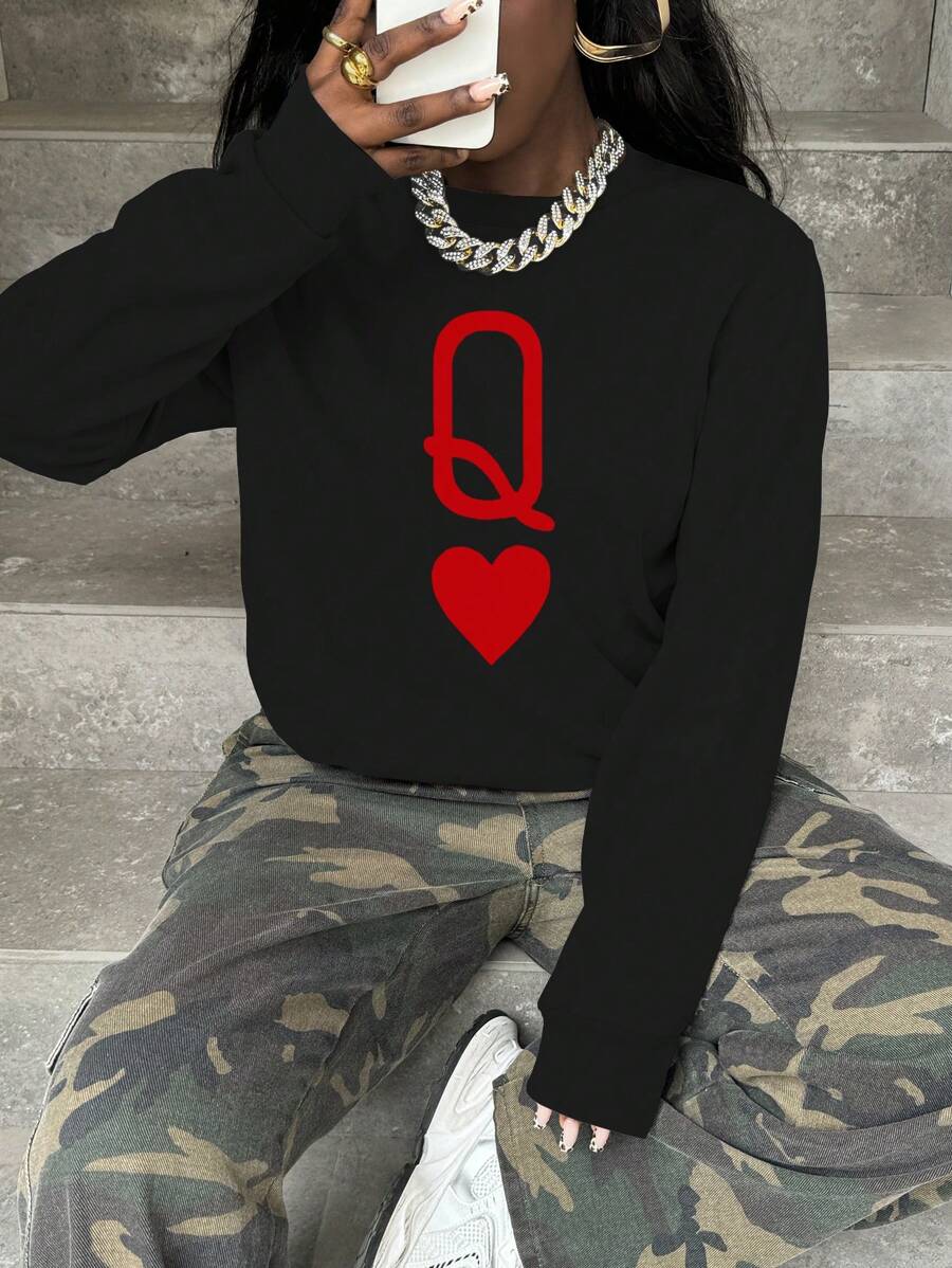 INAWLY Loose Fit Round Neck Drop Shoulder Women Sweatshirt With Playing Card Red Letter Q Print, Casual, Spring/Autumn,Long Sleeve Tops Graduation,Back To School Outfits,Graduation,Teacher Outfits For Women,Back To School