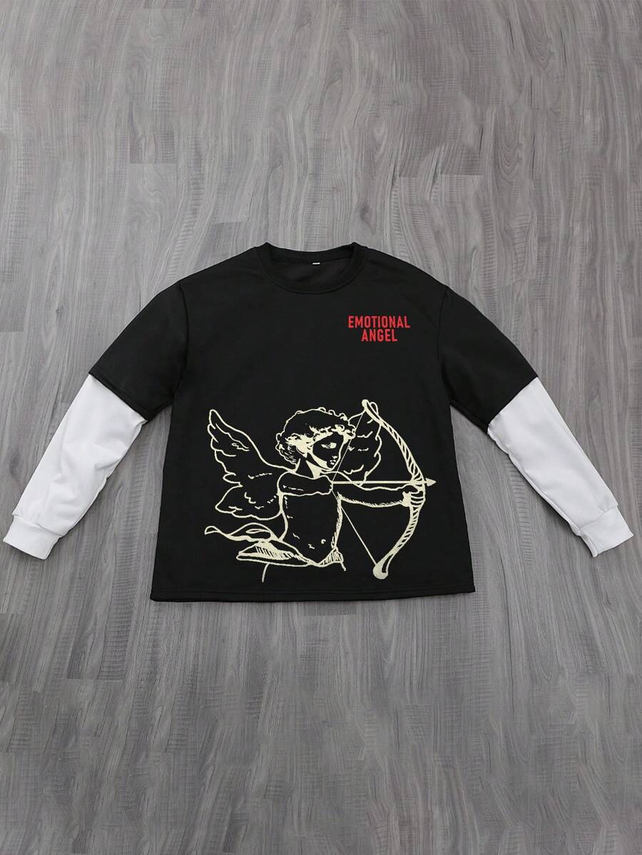 Manfinity EMRG Men's Cartoon Angel Letter Print Crew Neck Long Sleeve Pullover Sweatshirt, Autumn Street Wear Graphic Color Block Sweatshirt, For Friends, Husband, Boyfriend Gifts