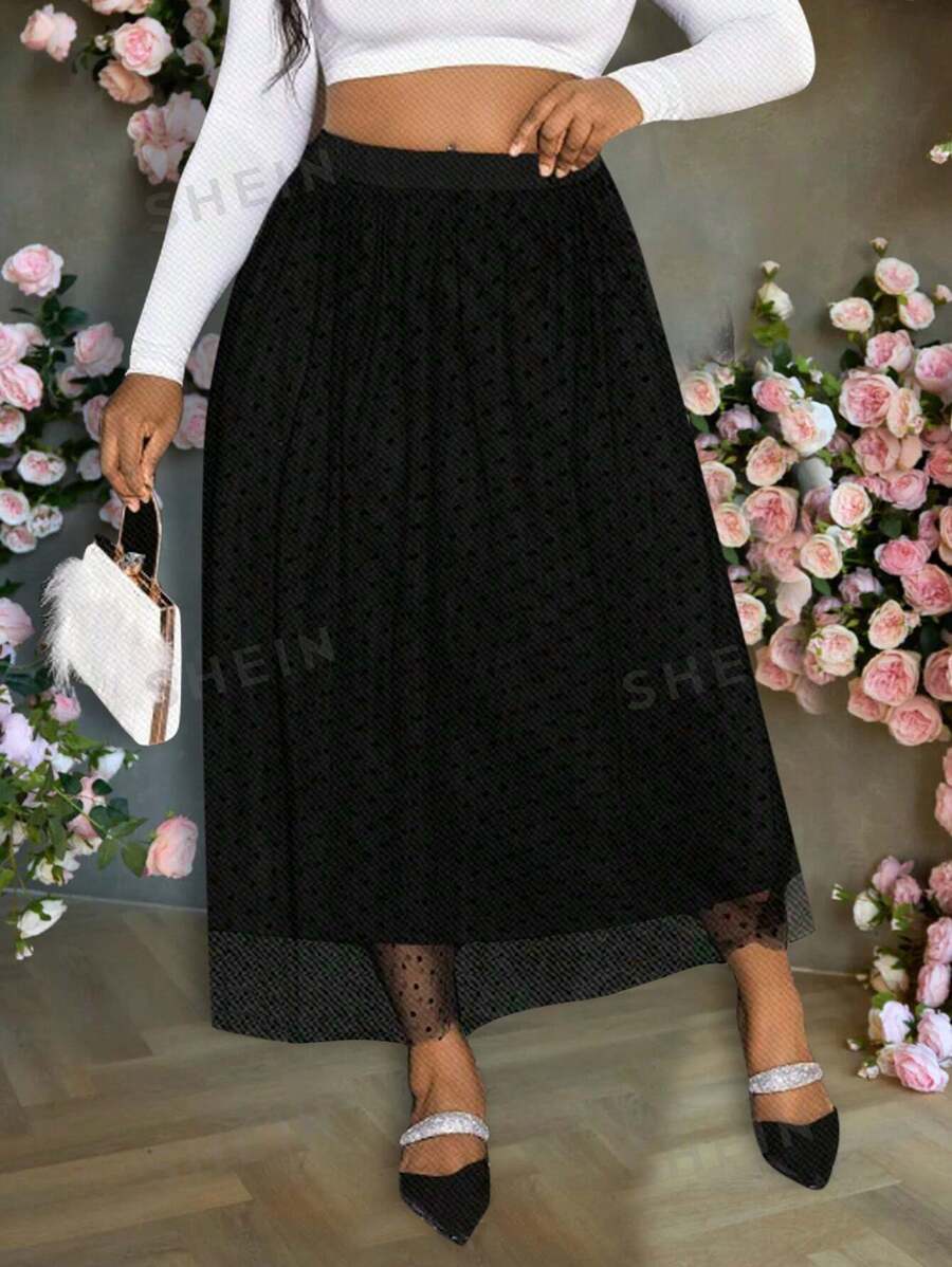 Slaydiva Falda línea A de mujer de talla grande con cintura elástica y lunares de malla