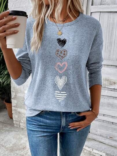 SHEIN LUNE Women's Casual Round Neck Drop Shoulder Long Sleeve Heart Print T-Shirt, Autumn Graphic Tees Women Tops For Spring Outfit