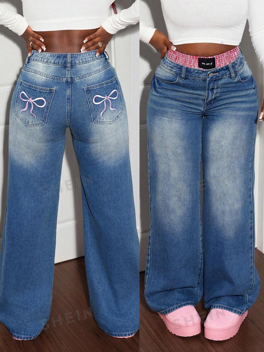 SHEIN SXY Jeans de mujer de tela vaquera azul, de talle bajo y pierna ancha, sexy