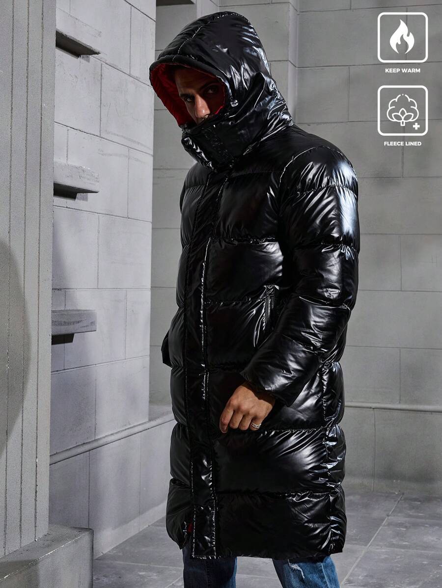 Manfinity Hypemode Men's Contrast Color Patchwork Front Zipper Long Sleeve Casual Hooded Padded Coat, Going Out Casual Quilted Winter Coat, For Friends, Husband, Boyfriend Gifts