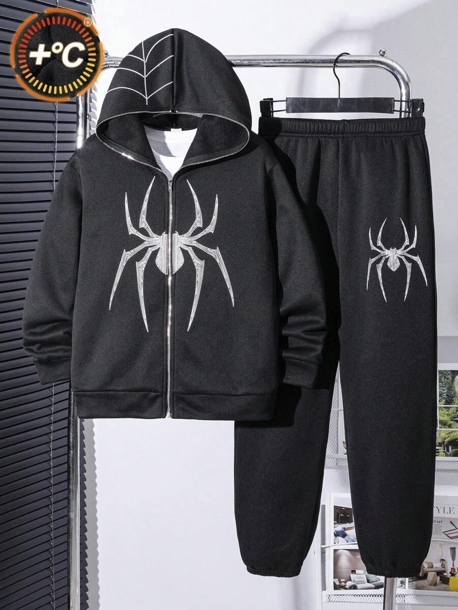 Tween Boy Casual Spiderweb Graphic Zip Front Hoodie And Elastic Waist Pants Set, Suitable For Autumn, Spring, Winter, Fits For Outdoor Play, School, Street Fashion, Party, And Leisure Wear