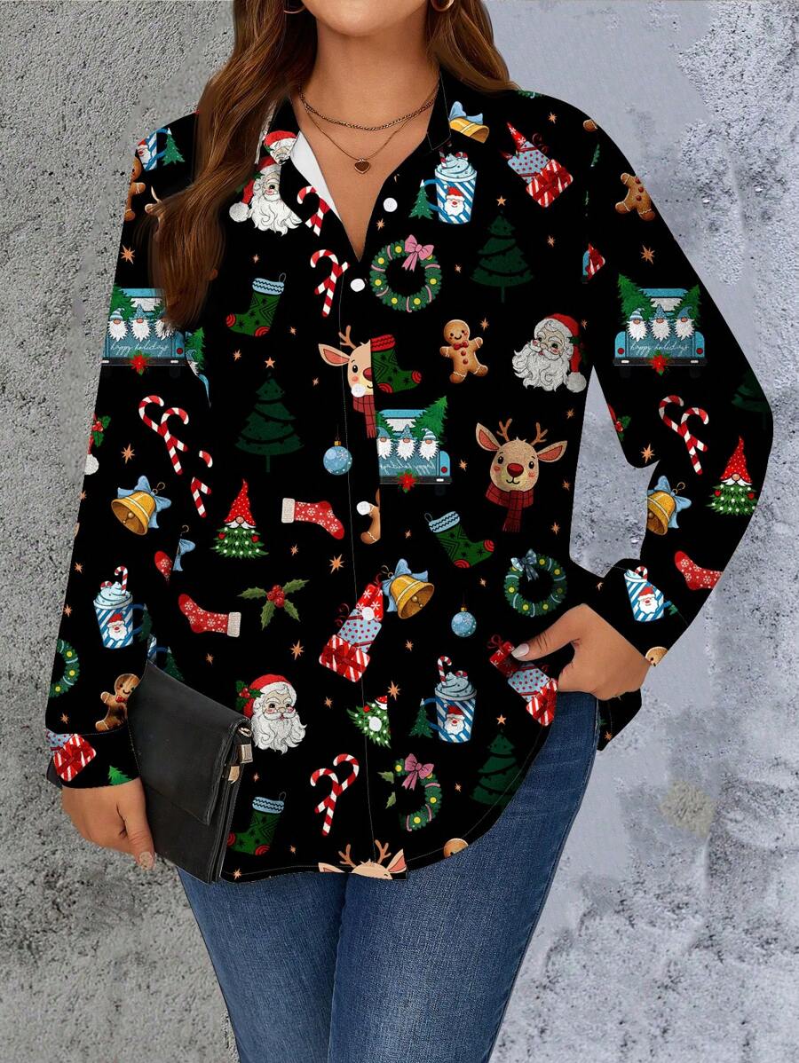 EMERY ROSE Camisa holgada de manga larga con cuello vuelto y botones, con estampado de renos y copos de nieve, en estilo casual para otoño/invierno, tallas grandes para mujeres