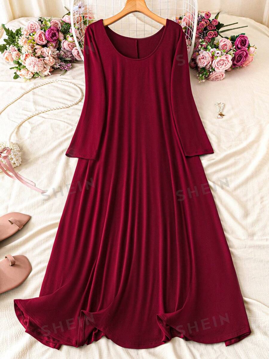 SHEIN LUNE Vestido holgado de manga larga con cuello redondo talla grande para mujer, vestido largo color borgoña