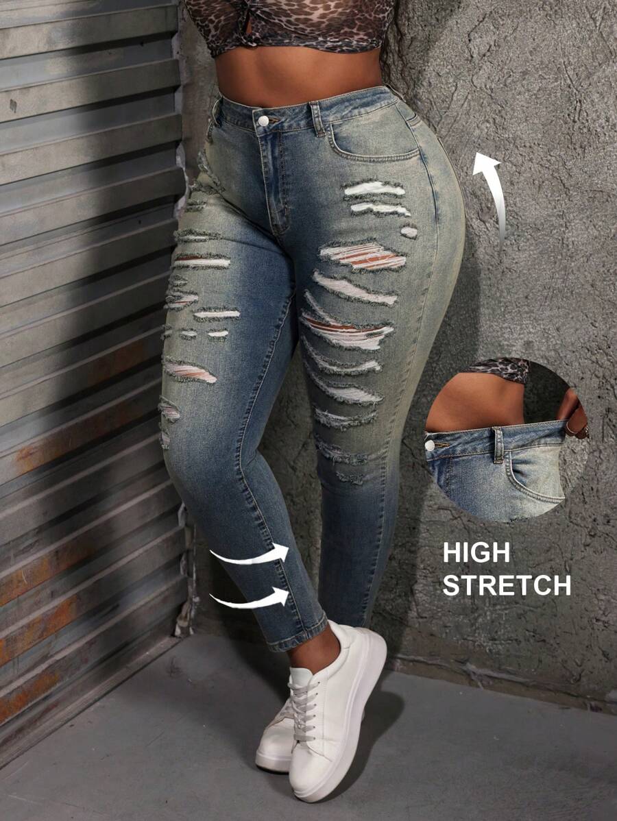 SHEIN SXY Plus Size Jeans Sexy Tight Elastic Ripped Blue Women's Skinny Jeans Women Mom Jeans Denim Jeans Tall Women Jeans Jeans Pants Jeggings Women Tights Stretchy Jeans Pants Women Tights Leggings Low Rise Jeans