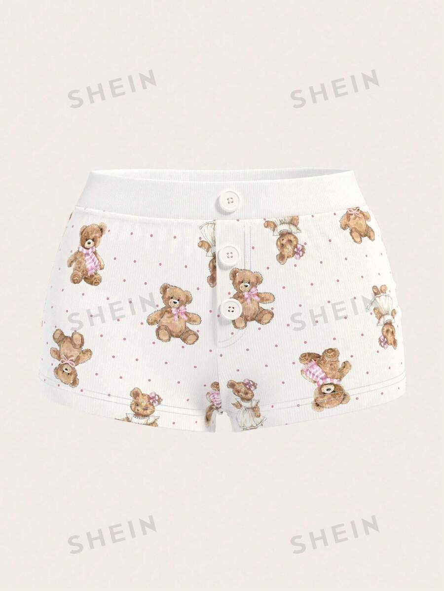 Sweetina Pantalones cortos de pijama con estampado de oso lindo para mujer en estilo Y2K