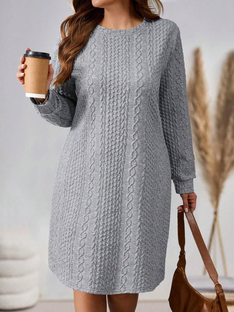 Plus Size Solid Color Textured Long Sleeve Dress, Suitable For Autumn And Winter