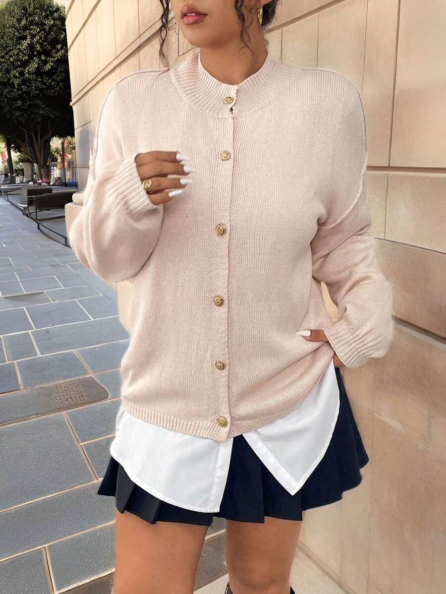 Calvaya Plus Size Women Solid Color Casual Metal Guzik Nietoperz Rękaw Kardigan