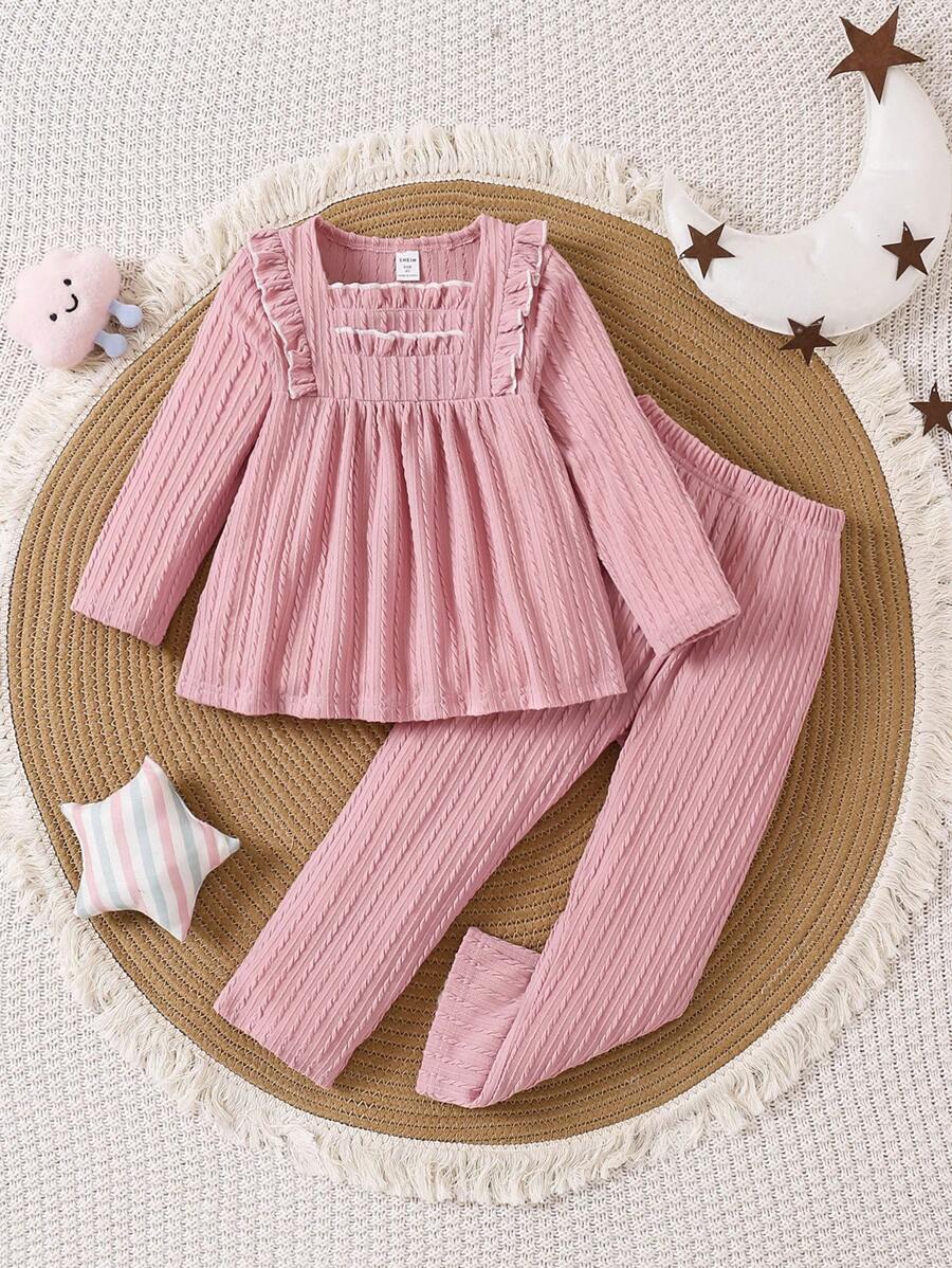 2pcs Young Girl Lotus Root Pink Thick Cable Knit Ruffle Decor Leisure Comfortable Fashion Essential Long Pants And Long Sleeve Pajama Set, Autumn/Winter