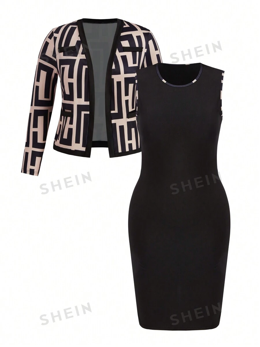 SHEIN Clasi Conjunto casual de talla grande de vestido sin mangas con bloques de color y cárdigan de manga larga de punto, primavera/otoño