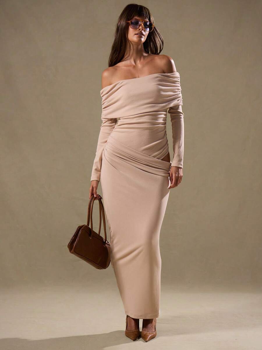MUSERA Bardot Long Sleeve Drape Waist Maxi Dress Elegant Spring Summer Vacation Party