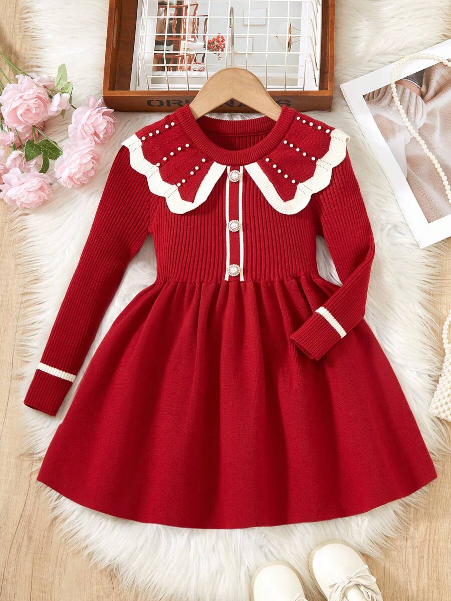SHEIN Vestido suéter para niñas jóvenes, sencillo, de moda, elegante, con decoración de perlas, cuello Peter Pan, manga larga, cuello redondo de punto, tela suave, adecuado para uso diario, salidas, viajes, vacaciones, hogar, guardería, juegos de niñas jóvenes, escuela, fiesta