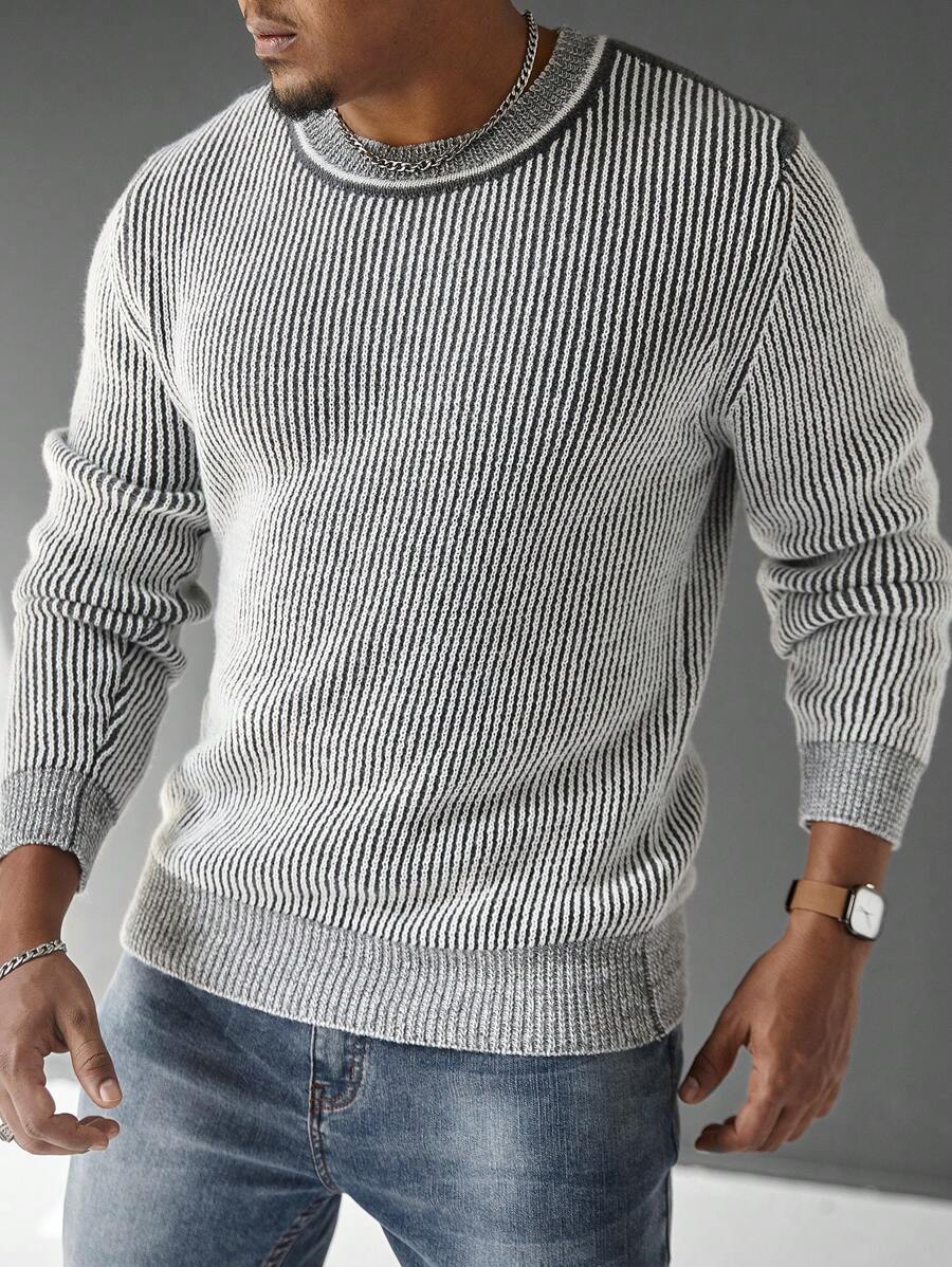Manfinity Homme Męski sweter typu casual z okrągłym dekoltem i nadrukiem w paski