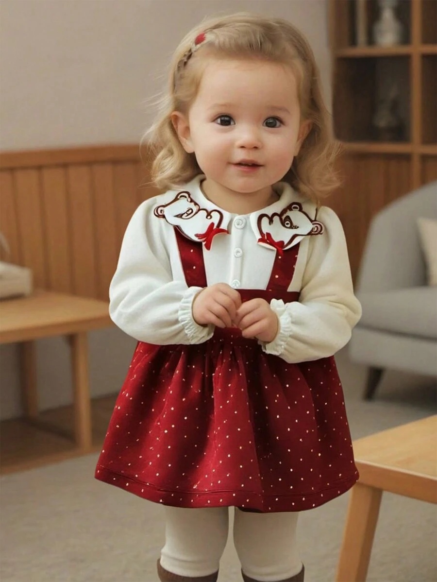 SHEIN Baby Girls Embroidered Bear 2 In 1 Princess Dress, Autumn/Winter