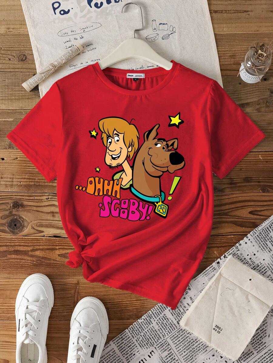 SCOOBY-DOO X SHEIN Camiseta casual holgada con gráfico, cuello redondo y manga corta para mujeres, apta para el verano