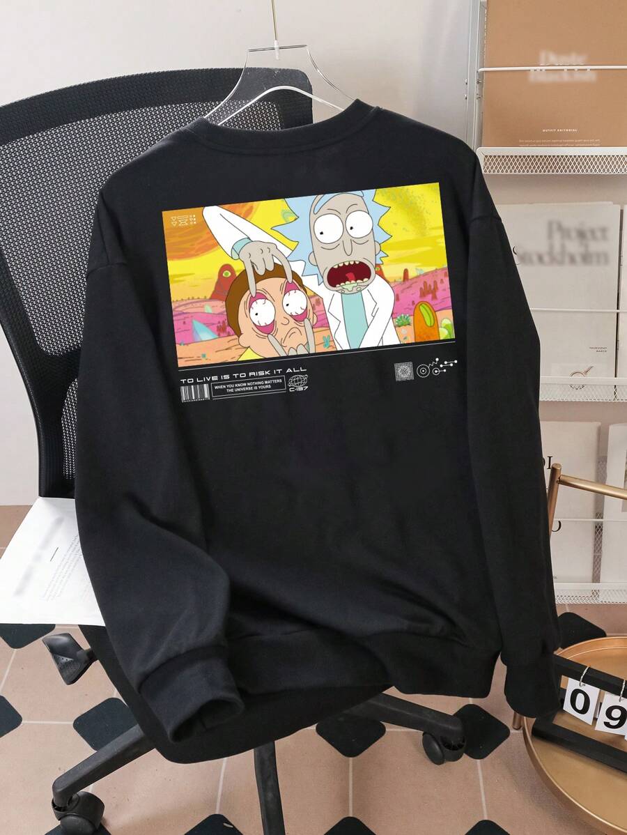 Rick and Morty X SHEIN Men Casual Cartoon Character And Slogan Graphic Oversized Dropped Shoulder Black Pullover Sweatshirt, Spring/Autumn