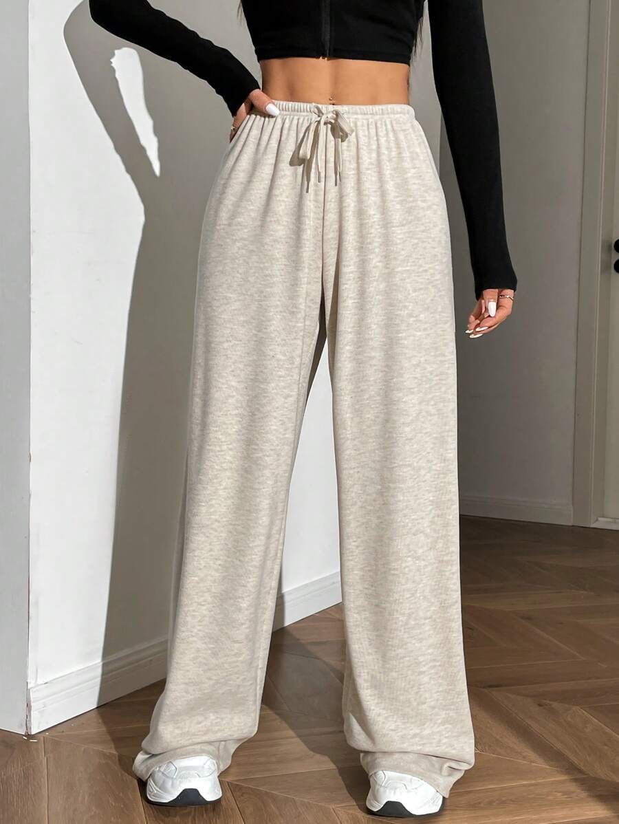 SHEIN EZwear Plus Size Simple Floral Chiffon Ribbed Knit Drawstring Pants
