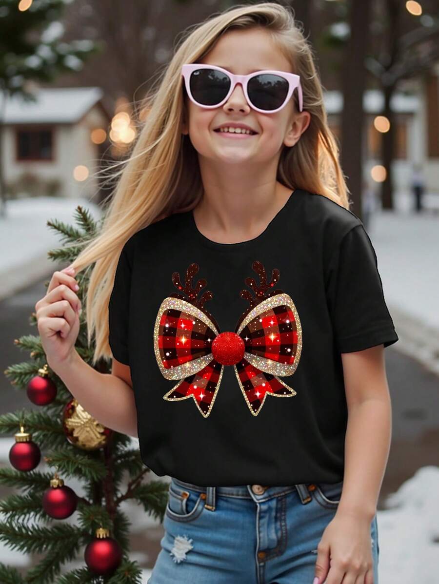 Christmas Graphic Deer Horn Sequin Plaid Stripe Bowknot Print Casual Basic Short Sleeve T-Shirt For Tween Girls, Suitable For Christmas Party