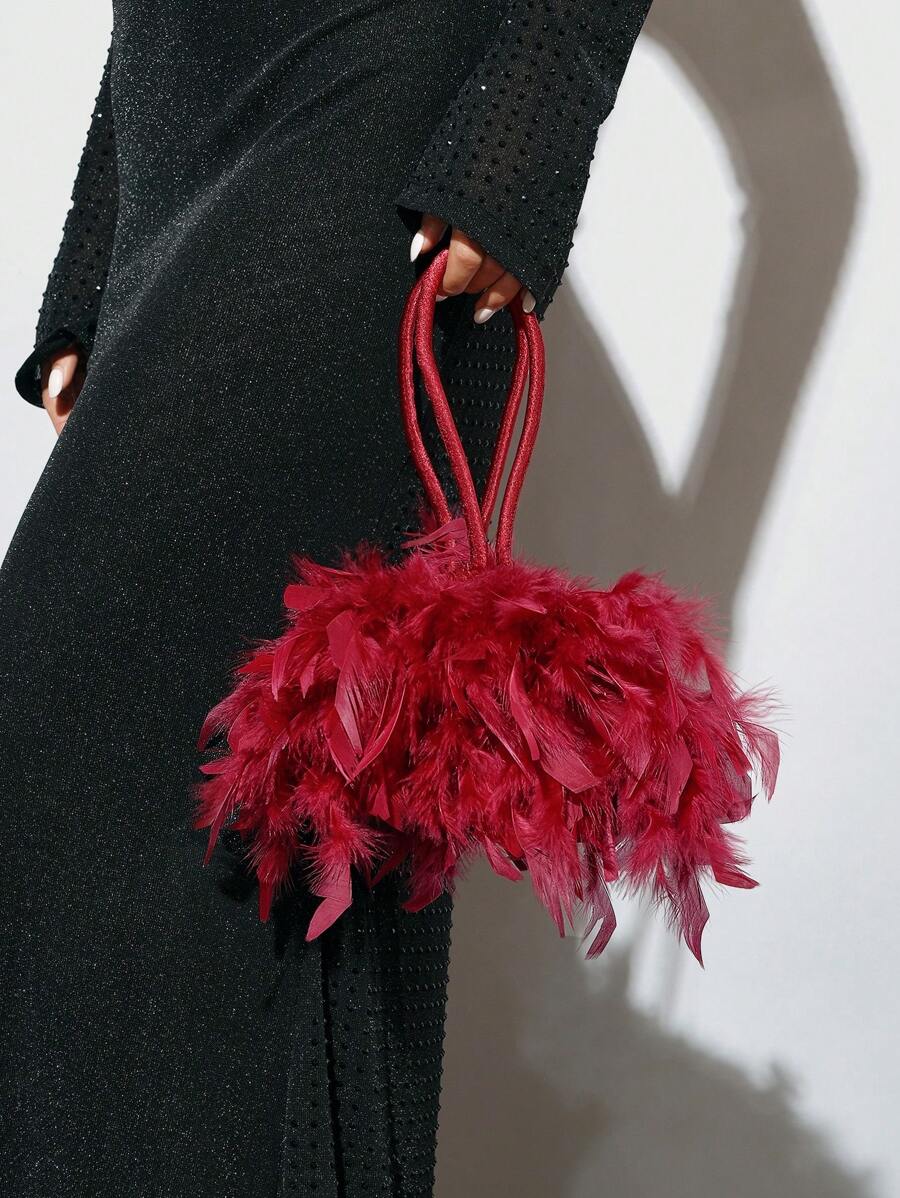 SHEIN BAE Women Luxury Feather Decorated Party Clutch, Black Handbag For Evening/Club Events Valentines