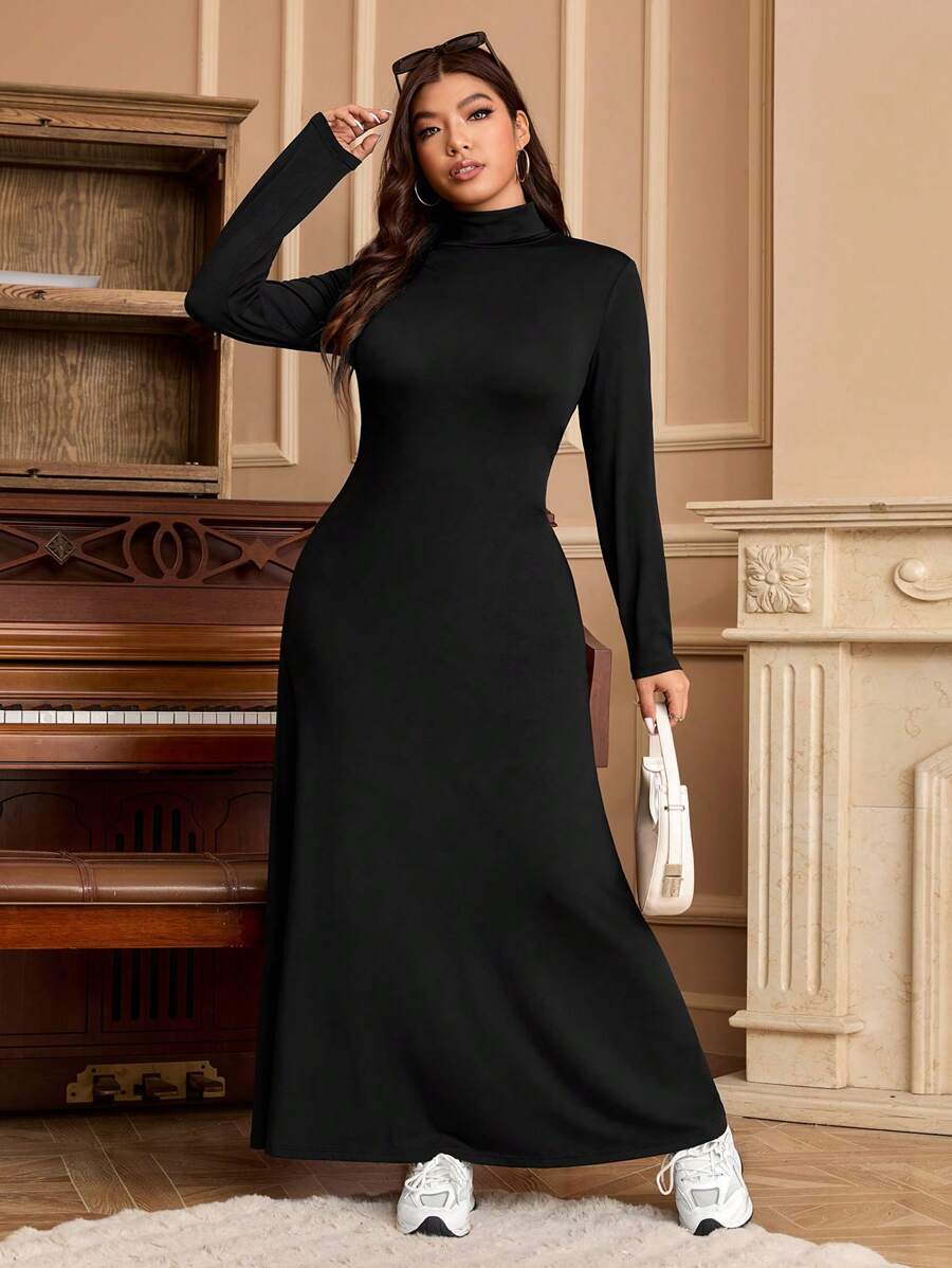 SHEIN EZwear Vestido largo de tela mullida y suave, de cuello alto, elástico y cálido, de talla grande, para otoño/invierno