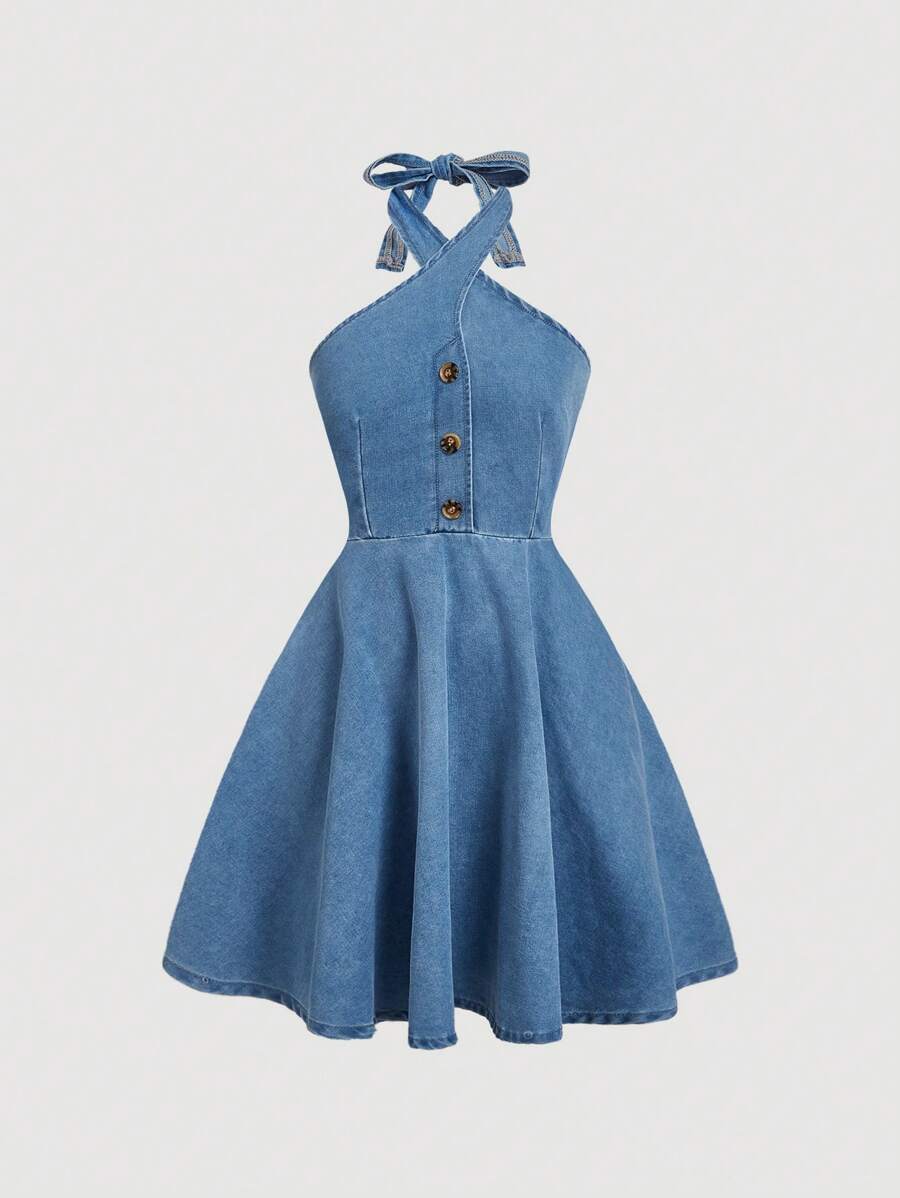 SHEIN MOD Women Casual Denim Halter Mini Dress, Blue