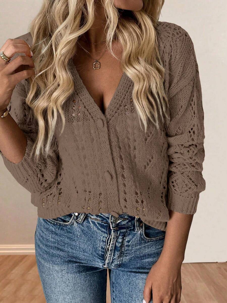 Calvaya Women's Solid Color Hollow V-Neck Knit Casual Cardigan Coffee Brown Topbutton Up Sweaterbrown Cardiganbrown Sweatercrop Cardigan
