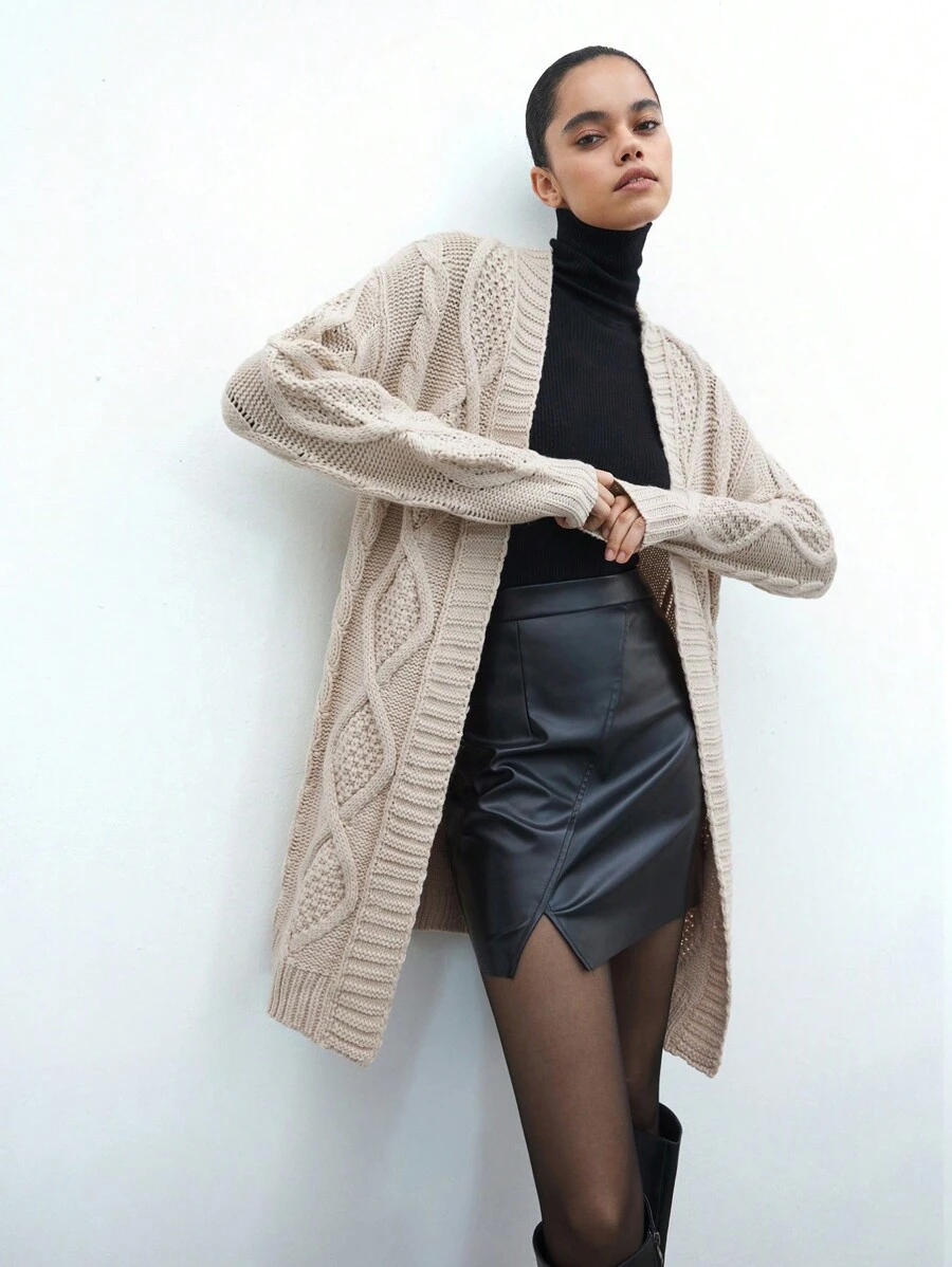 Maija Urban Elegant Casual Outdoor Retro Women Camel Color Cable Long Knit Cardigan, Autumn/Winter New Arrival